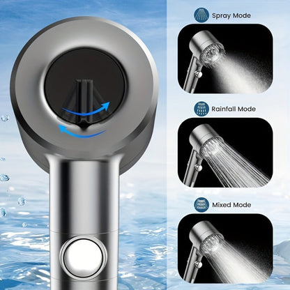 Handheld Shower Head with Rotating Spray Selector, On-Off Button, Hose, Five Cartridges and Two Bracket Options