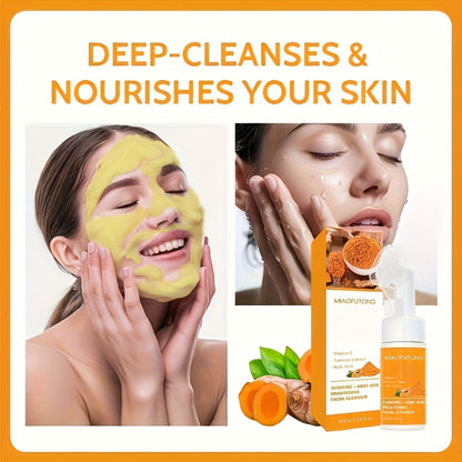 Turmeric Bath & Skin Care Set 3-Piece – Brightening Mousse, Soap & Oil for Hair, Face & Body, Gentle Moisturizing Cleanser Gift Set