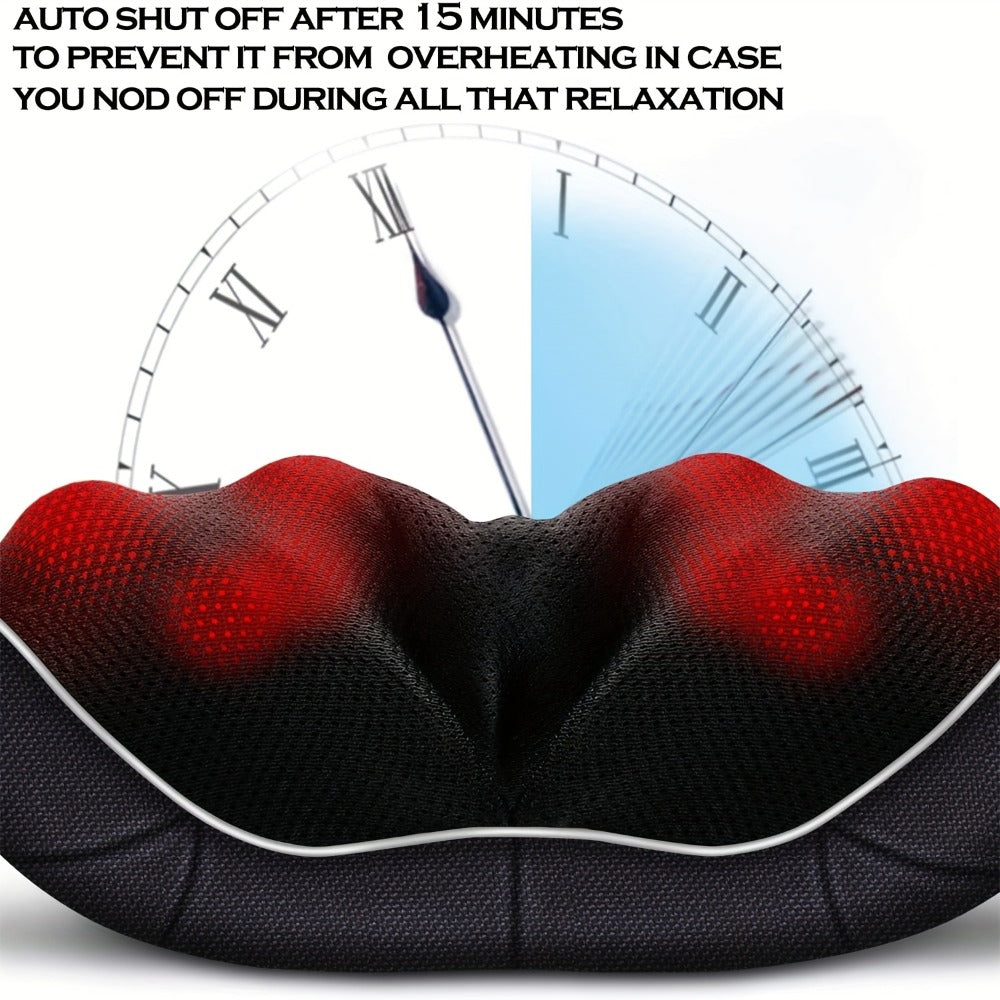 Black Shiatsu Neck and Shoulder Massage Pillow with Heat, 8 Kneading Rollers, 15-Minute Auto-Off and Home or Car Power