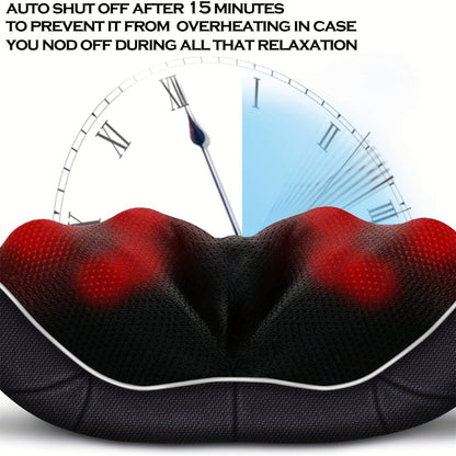 Black Shiatsu Neck and Shoulder Massage Pillow with Heat, 8 Kneading Rollers, 15-Minute Auto-Off and Home or Car Power