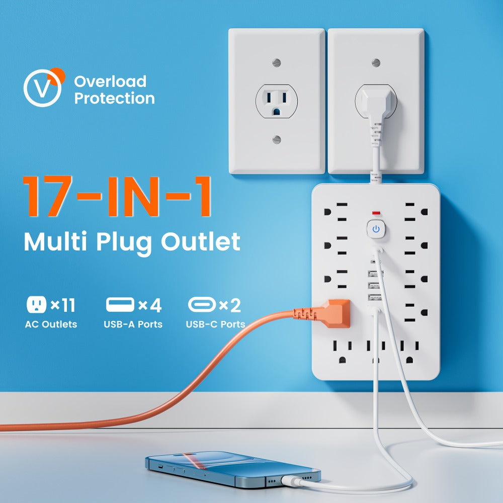 Power Strip with 11 AC Outlets, 4 USB-A, 2 USB-C and Short, 5-Foot or 10-Foot Standard or Braided Cord