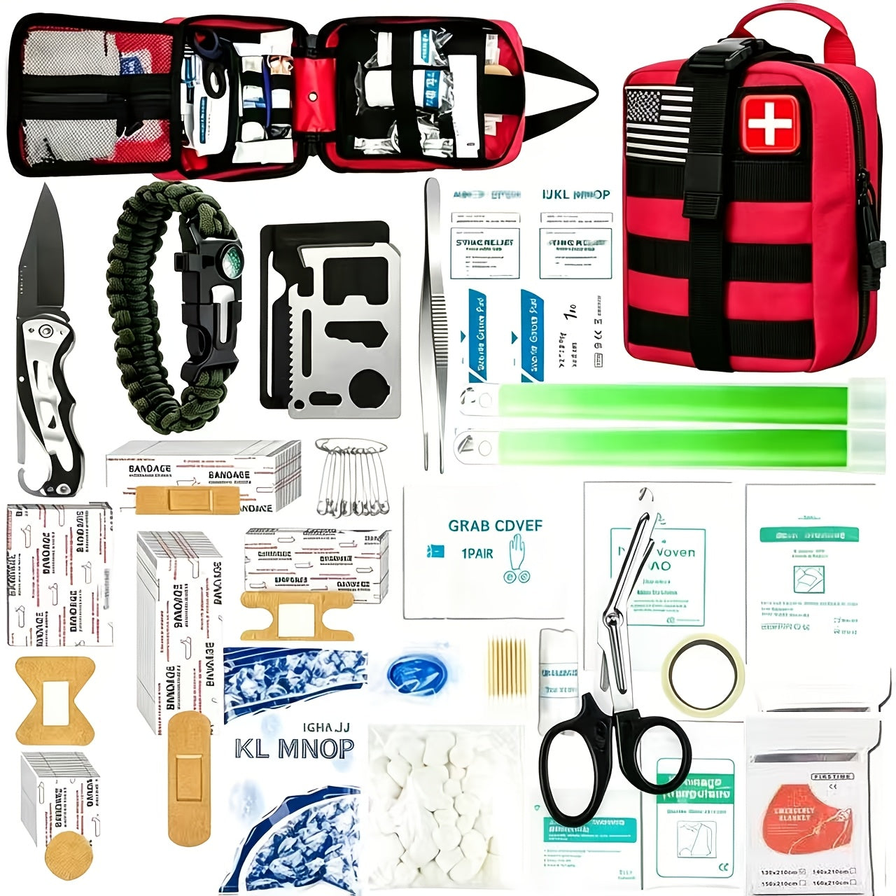 217-Piece Outdoor Tool and First Aid Supply Kit with MOLLE Bag in Nine Color-Labeled Options