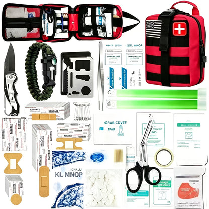 217-Piece Outdoor Tool and First Aid Supply Kit with MOLLE Bag in Nine Color-Labeled Options