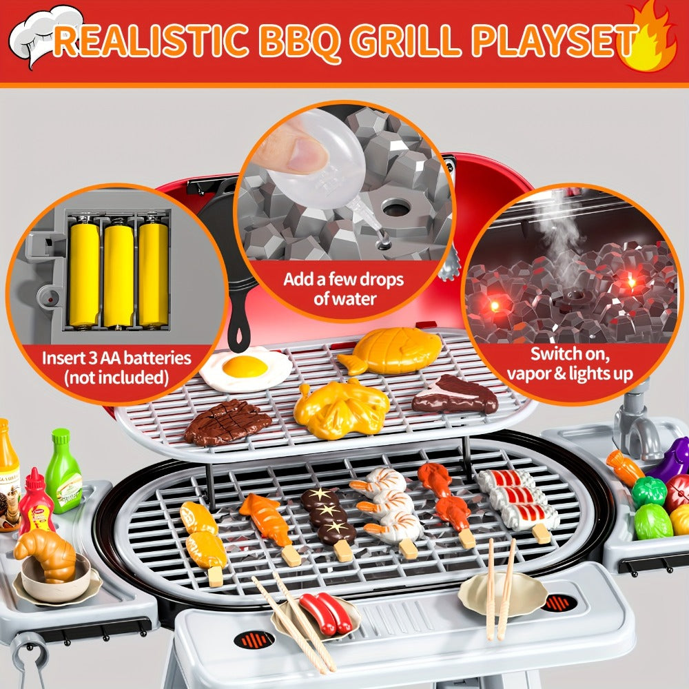 Kids BBQ Grill Playset Two-Tier with Toy Food Meats Fruits Spices & Working Water Tap for Grilling, Camping and Outdoor Meals