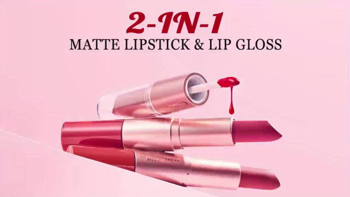 Dual-Ended Matte Lipstick & Lip Gloss Set 4pcs, 2-in-1 Velvety Lip Color, Non-Drying Comfortable Formula