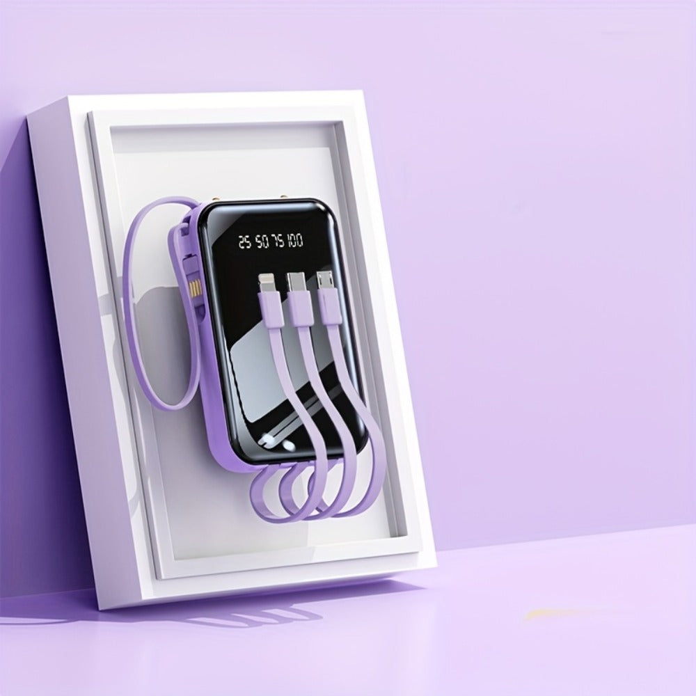 Power Bank 50000mAh 22.5W with Four Built-In Cables, Digital Display and LED Flashlight in Black or Purple