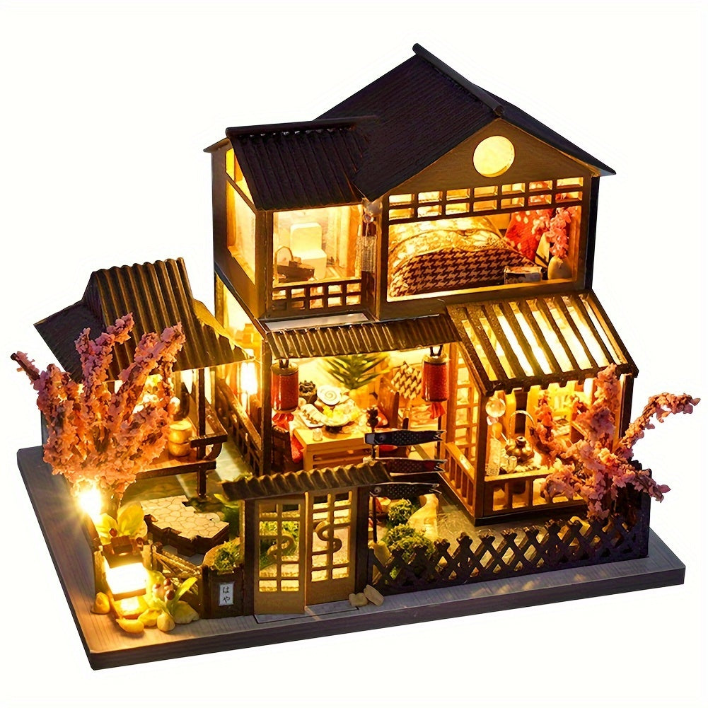 DIY Miniature House Kit, Sakura Garden Villa Wooden Dollhouse with Full Furniture & Accessories, Japanese Cherry Blossom Style