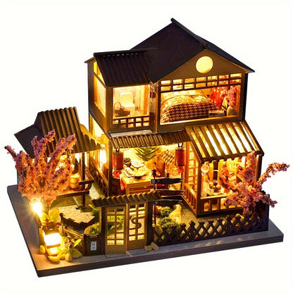 DIY Miniature House Kit, Sakura Garden Villa Wooden Dollhouse with Full Furniture & Accessories, Japanese Cherry Blossom Style