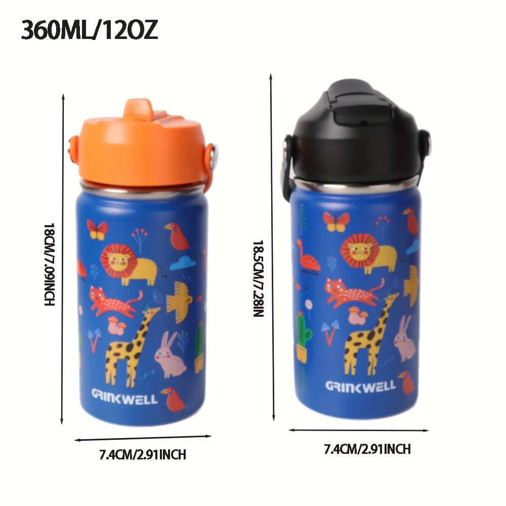 Insulated Stainless Steel Water Cup with Straw | 12oz 340ml, 3D Cartoon Pattern, Double Wall, Handle & Straw Brush – Travel