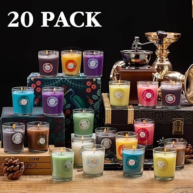 20-Piece Candle Gift Set with Glass Jars, Ten Fragrance Label Styles and Multicolor Assortment