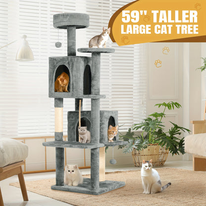 Cat Tree Tower 59 Inch Large Multi-Level Cat Tower for Indoor Cats with Plush Resting Area, Sisal Scratching Post & Hanging Ball Toy