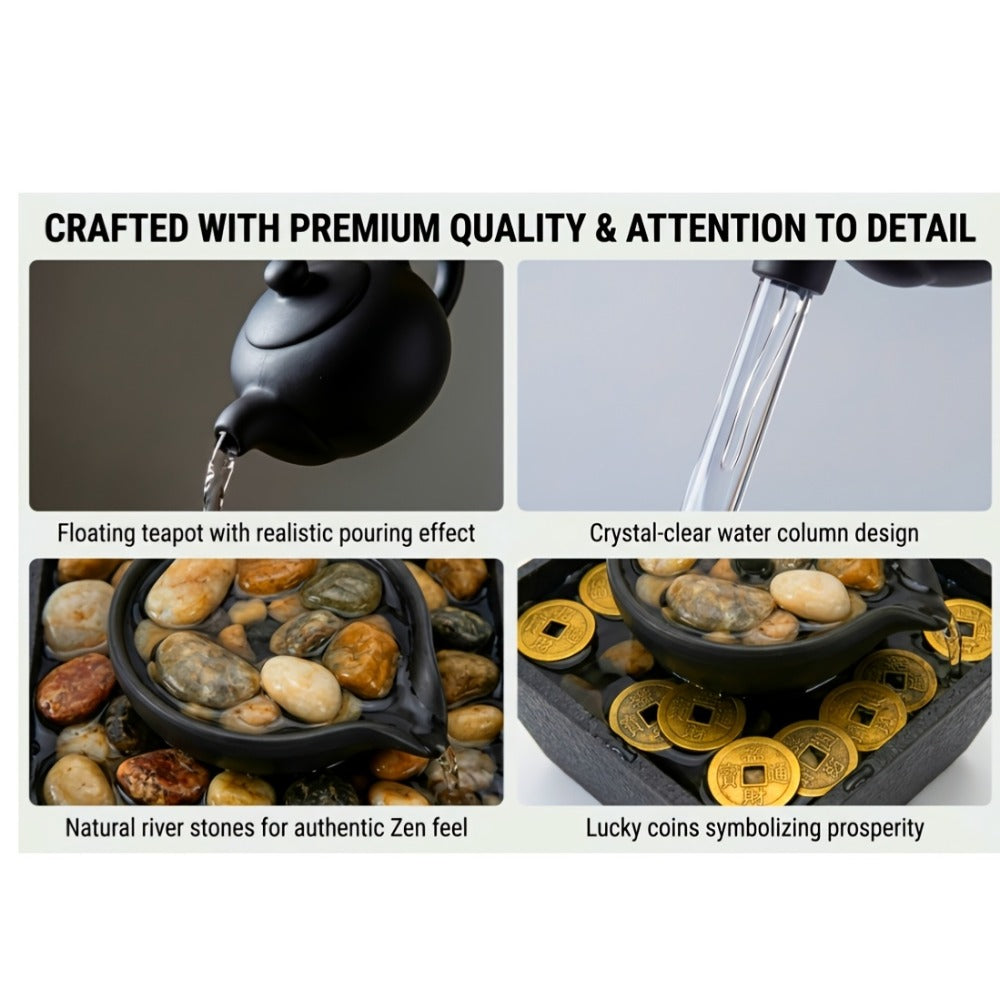 Tabletop Water Fountain Indoor, 4-Level Desktop Waterfall with LED Lights & Natural River Stones