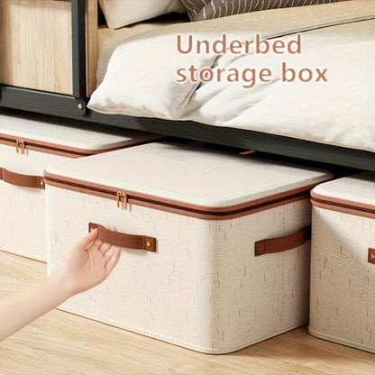 Foldable Storage Boxes with Lids 2-Pack, Large Linen Storage Baskets with Double Zippers & Leather Handles