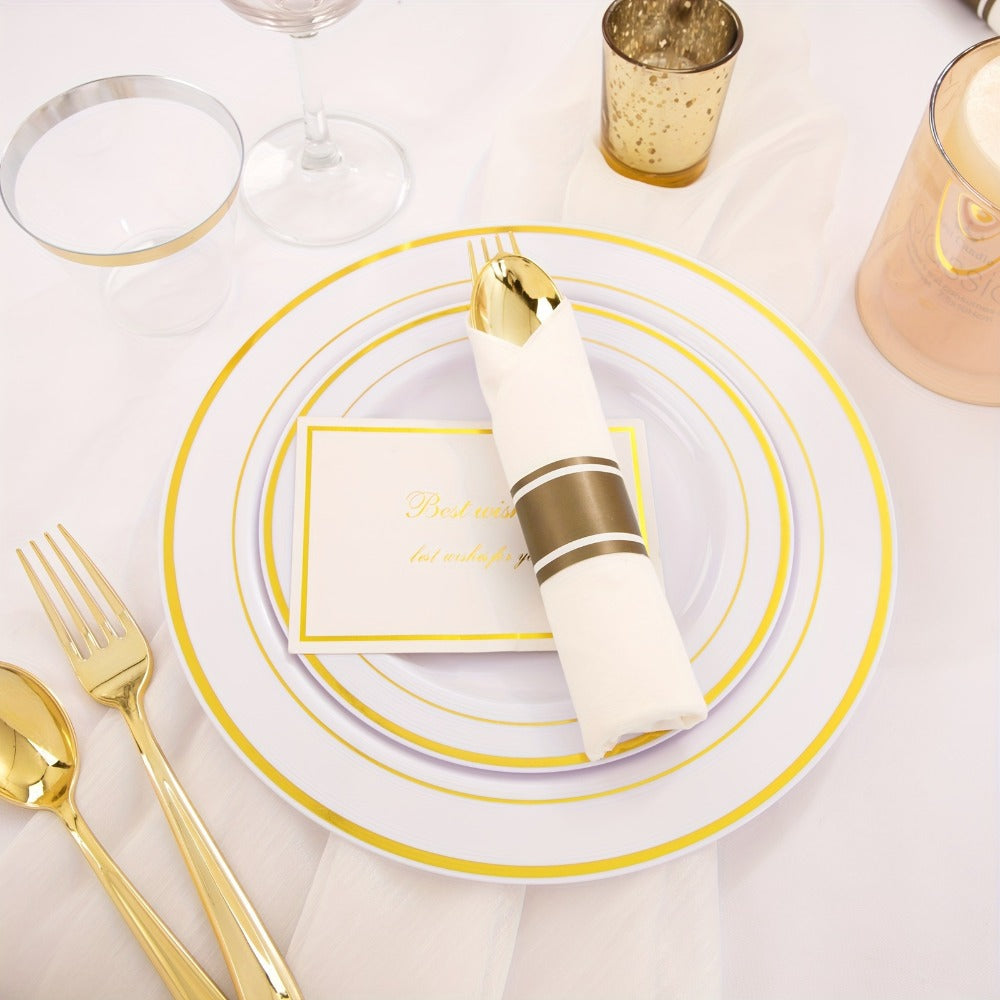 Gold Plastic Plates Disposable Dinnerware Set 350pcs, 50 Dinner Plates, 50 Dessert Plates, 50 Gold Rim 9oz Cups & 50 Gold Cutlery Sets