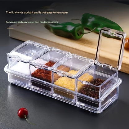 Four-Grid Clear Spice Box Set with Individual Flip-Top Lids, Shared Base, Four Compartments and 26cm Length