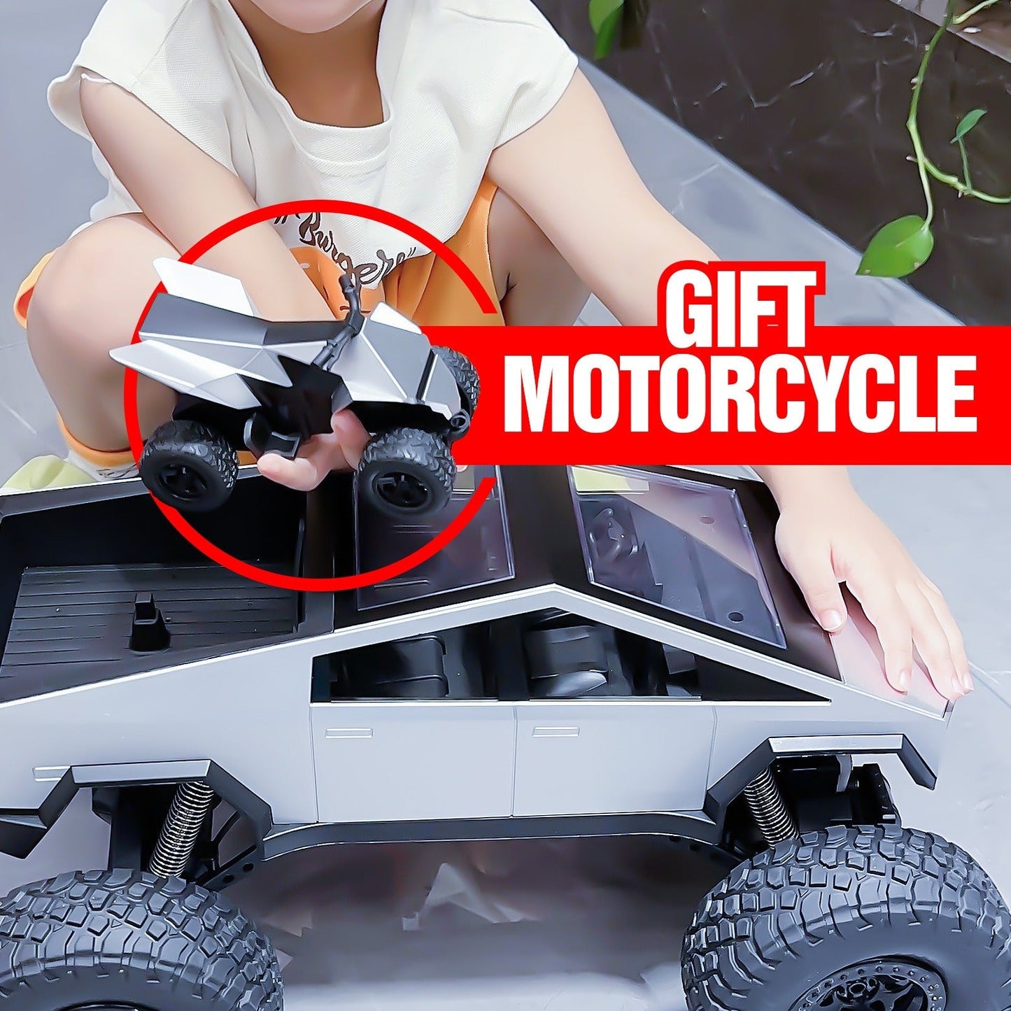 Giant 18 Inch RC Monster Truck with Free Bonus Mini RC Motorcycle, 4WD Powerful Climbing Shockproof Remote Control Pickup Truck