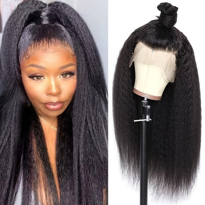 Synthetic Wig 26-Inch Black Kinky-Straight Yaki with HD Lace Front, Glueless Cap and with Item-Specific Color, Length, Texture and Cap
