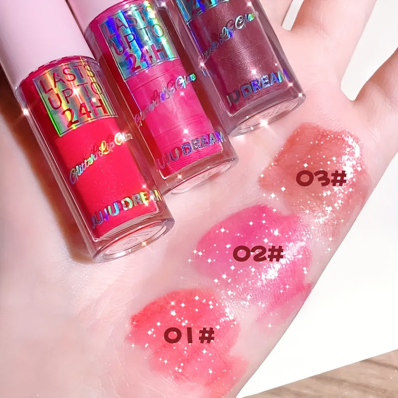 24H Waterproof Glitter Lip Gloss & Lip Stain Set 3PCS, Lip Oil Formula, for Makeup, Travel and Everyday Vanity Use