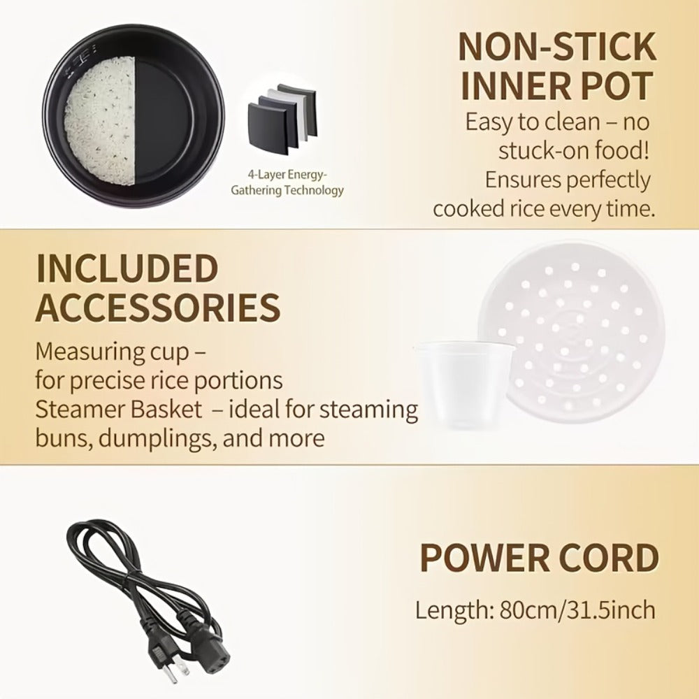 Rice Cooker 2L 4 Cups 10-in-1 Mini Multifunctional Compact Electric Rice Cooker for Rice for Home Cooking, Dining and Outdoor Meals