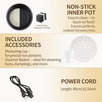 Rice Cooker 2L 4 Cups 10-in-1 Mini Multifunctional Compact Electric Rice Cooker for Rice for Home Cooking, Dining and Outdoor Meals