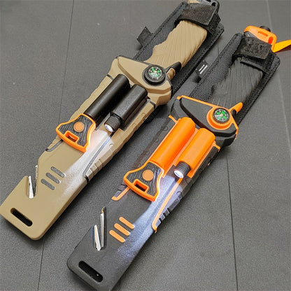 Fixed Blade Outdoor Camping Knife 9.64 Inch Stainless Steel, Survival Hunting Knife with Flint Fire Starter Night Light Sharpener Safety