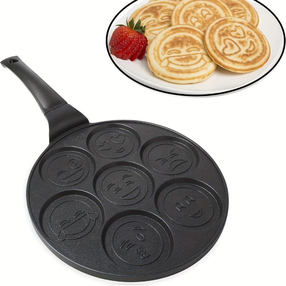 7-Hole Non-Stick Pancake Pan Smiley Face, Aluminum Alloy Breakfast Maker with Detachable Handle for Gas Stove
