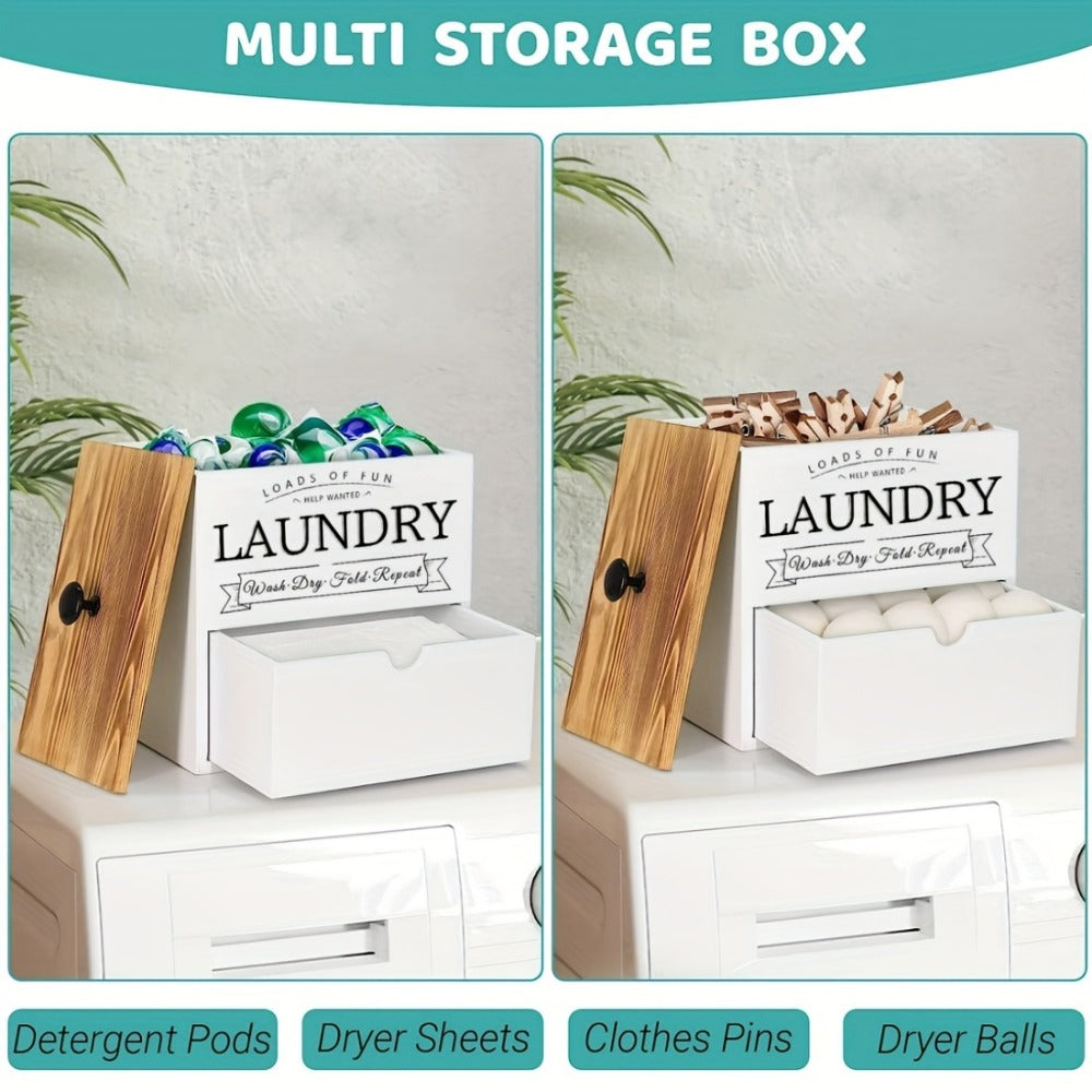 Dryer Sheet Holder with Drawer & Lid, Farmhouse Wood Laundry Pod Dispenser, Wall Mount or Countertop Organizer for Laundry Room Storage
