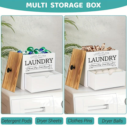 Dryer Sheet Holder with Drawer & Lid, Farmhouse Wood Laundry Pod Dispenser, Wall Mount or Countertop Organizer for Laundry Room Storage