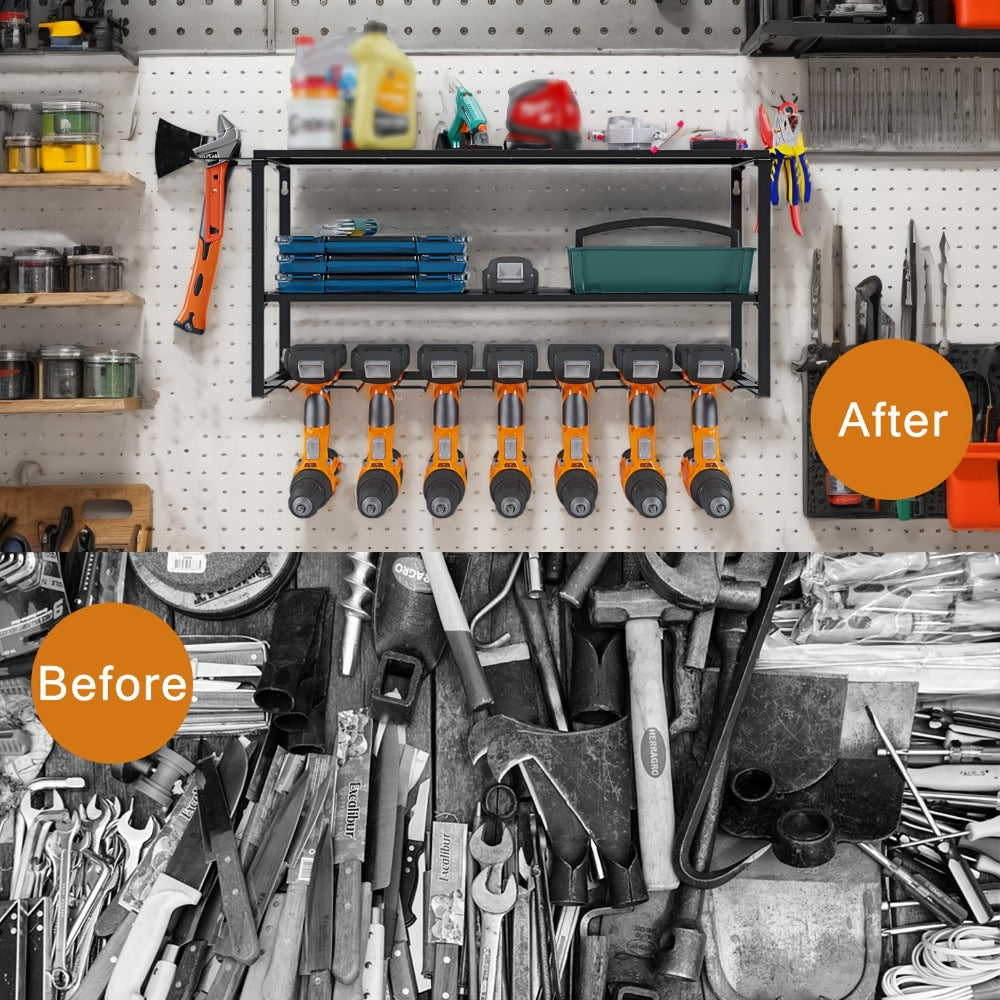 Wall Mount Power Tool Storage Rack, Steel 3-Tier & 4-Tier Garage Tool Organizer with 7 Bit Holders