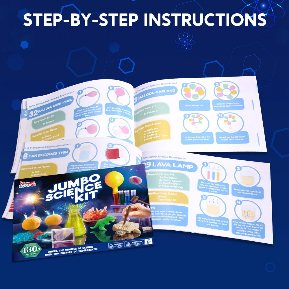 Jumbo Science Kit for Kids 130+ Experiments, STEM Chemistry Set with Crystal Growing Glowing Bulb Fossil Dig Soap Making