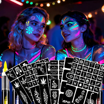 Face Body Paint Pen Set 8 Colors with 105 Tattoo Stencils, Glow in the Dark Neon UV Blacklight Face Paint