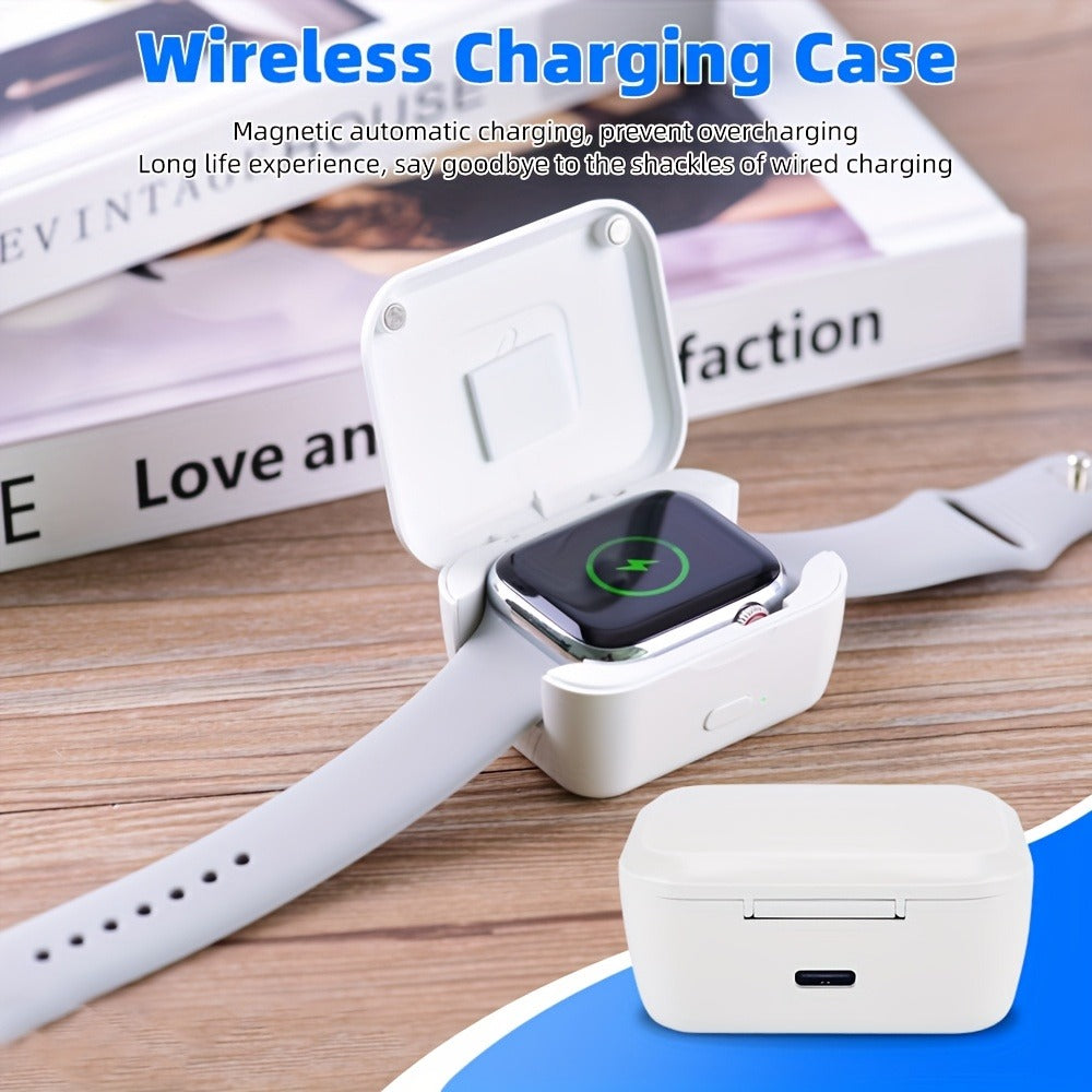 White Portable Watch Charging Case with Hinged Lid, Internal Magnetic Cradle and USB-C-Shaped Rear Port
