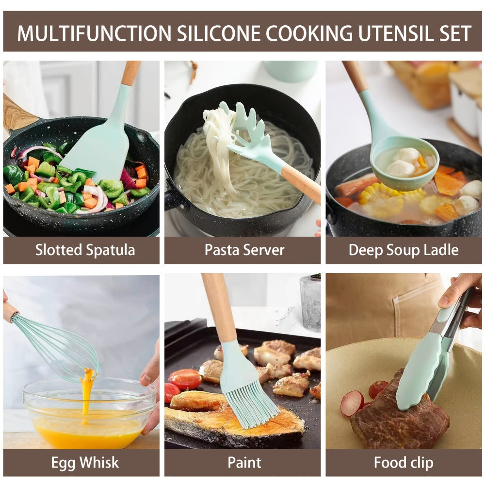 Kitchen Knife Set 19-Piece with Stainless Steel Blades, Wood Handles, Silicone Utensils, Board, Shears and Holder