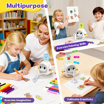 Drawing Robot for Kids Penguin, 200 Learning Cards & 12 Color Pens, STEM Art Educational Toy, Screen-Free Interactive Drawing Game