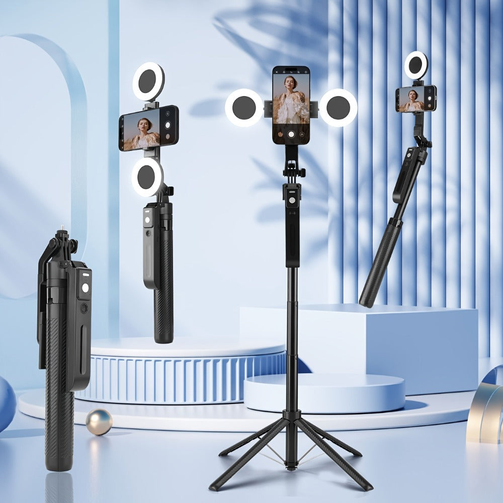 70-Inch Black Tracking Selfie Stick Tripod with Round Fill Light, Floor Base, Remote and Three Light Settings