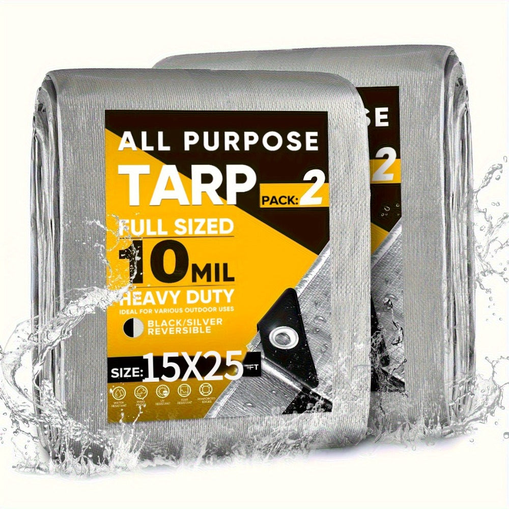 Tarp 2-Pack 10Mil 150GSM Black Silver, Tear-Proof Polyethylene Cover with Reinforced Grommets for Roof Pool Boat Car Camping & Outdoor