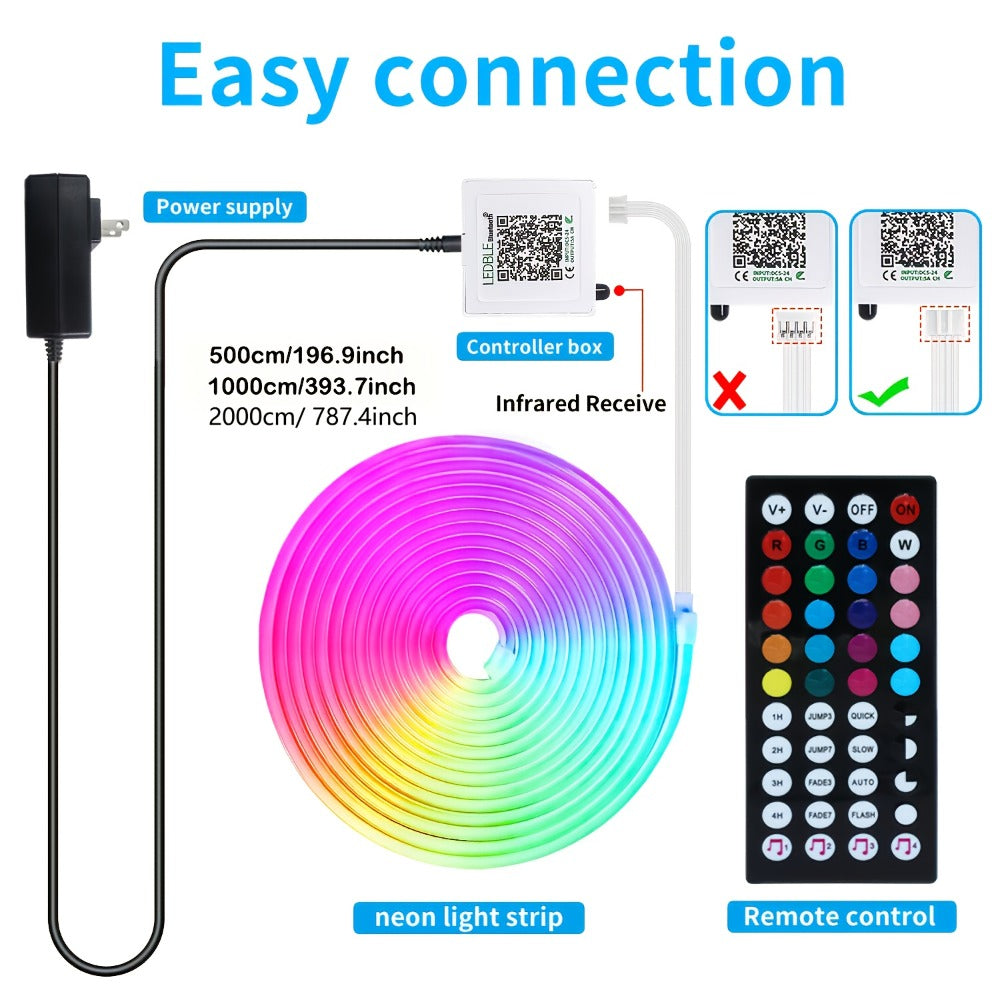 Neon Rope Lights RGB LED Flexible Strip with App & Remote Control, Music Sync, Cuttable, 24V Safe