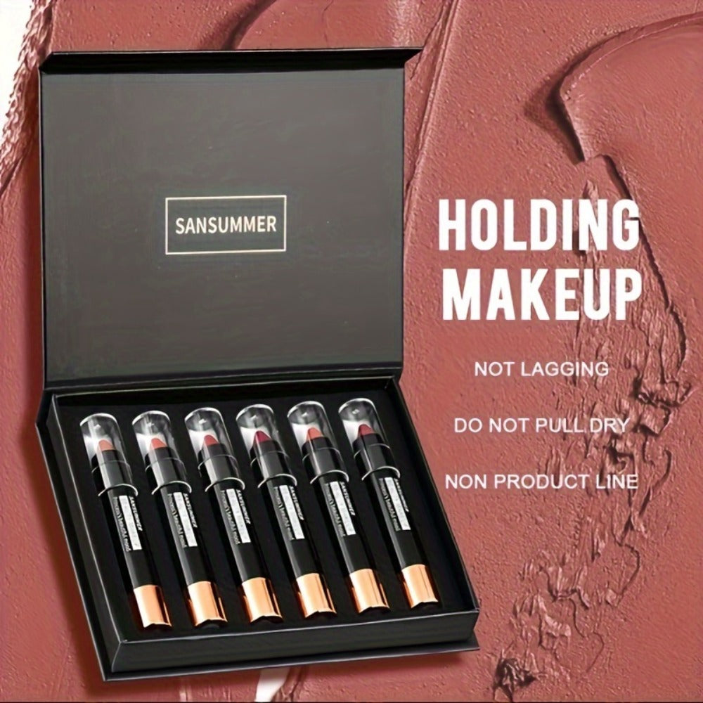 Lipstick Set, SANSUMMER 6-Piece Matte Velvet Crayon Collection in a Black Presentation Gift Box