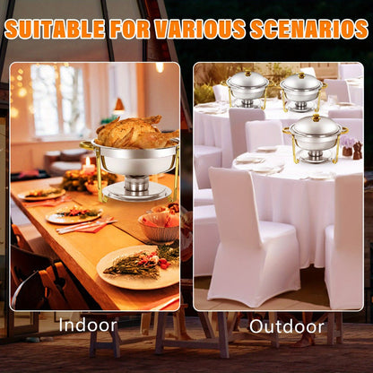 Golden Chafing Dish Buffet Set with Glass Lid 6QT Round Stainless Steel Food Warmer Chafer for Catering Party Dinners Weddings