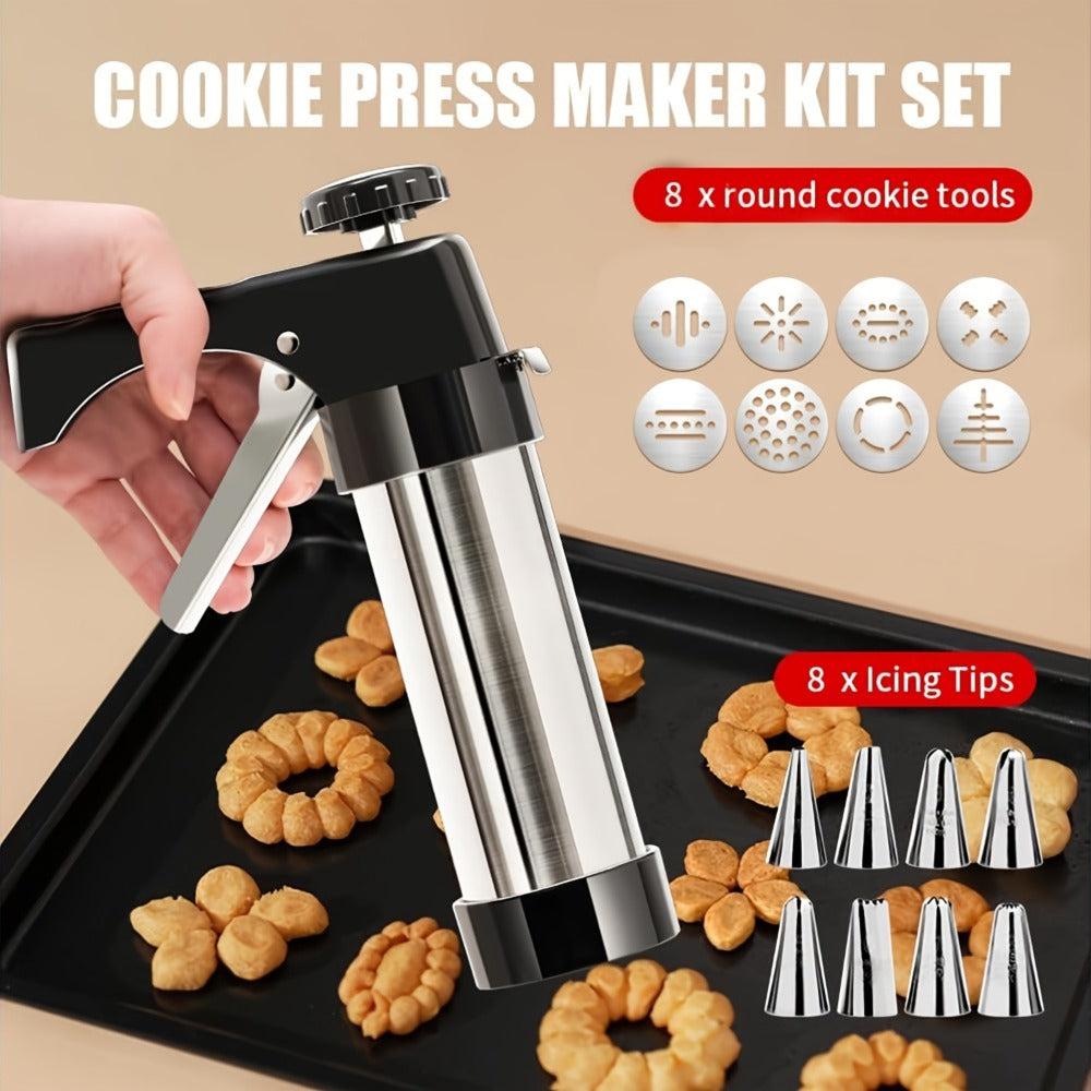 Cookie Press Set 8 Piece Stainless Steel Manual Churro Maker Flower Cookie Mold Baking Tool for Entryways, Bedrooms and Living Spaces