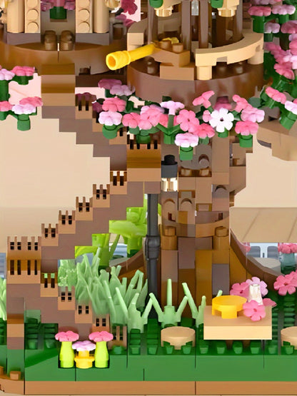 Building Block Set Cherry Blossom Tree House, 1020 or 2028 Micro Pieces with Pink Canopy and Base Display