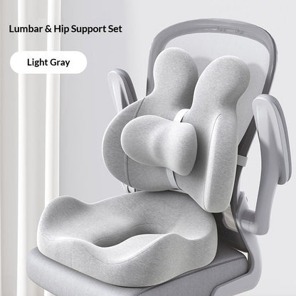 Two-Piece Contoured Seat and Lumbar Cushion Set with Adjustable Chair Straps and Three Colors