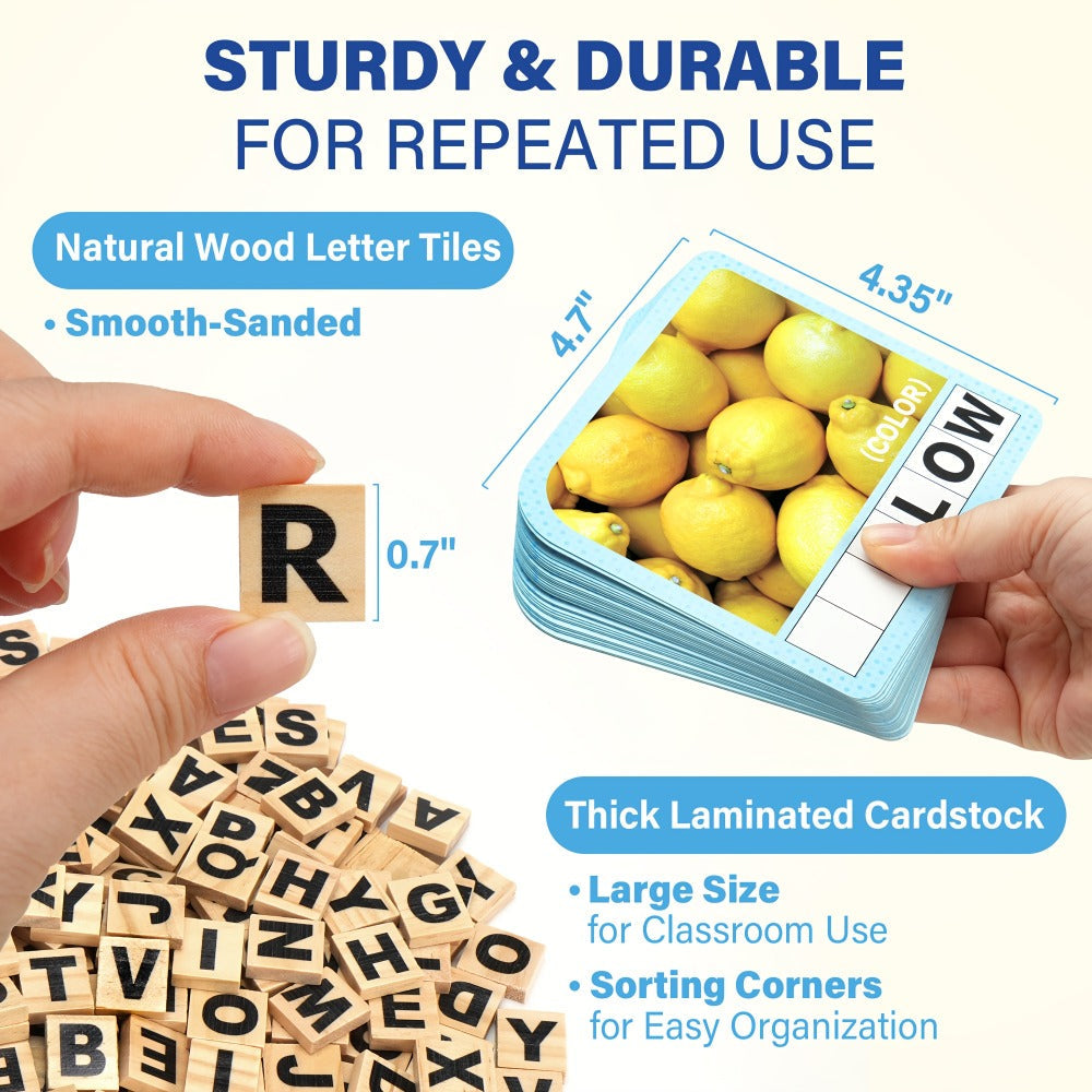 Spelling Flash Card Game for Kids Ages 4-8 – 224 Phonics Sight Word Flashcards, 208 Wood Letter Tiles & Dice