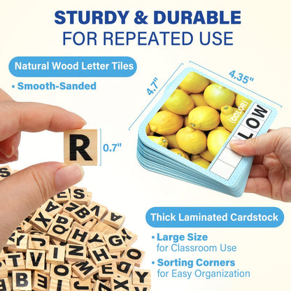 Spelling Flash Card Game for Kids Ages 4-8 – 224 Phonics Sight Word Flashcards, 208 Wood Letter Tiles & Dice