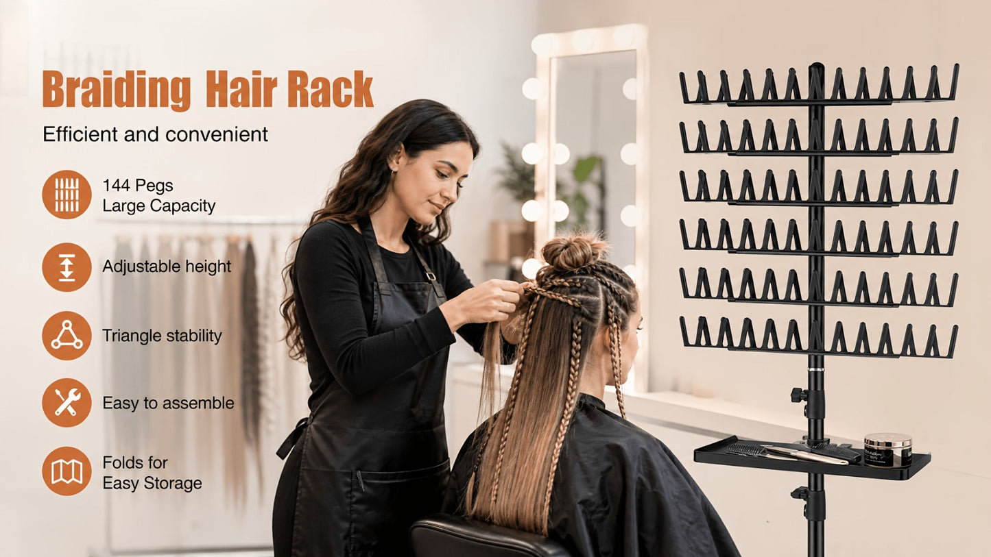 Braiding Hair Rack 144 Pegs Height Adjustable 2-Side Hair Extension Holder Stand with Tray – Foldable Portable Professional Braiding Station