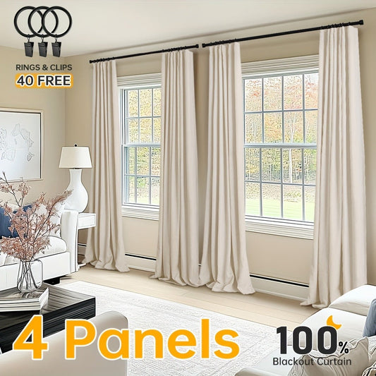 100% Blackout Curtains 4 Panels Faux Linen Textured Thermal Insulated Drapes – Room Darkening Window Curtains for Living Room Bedroom