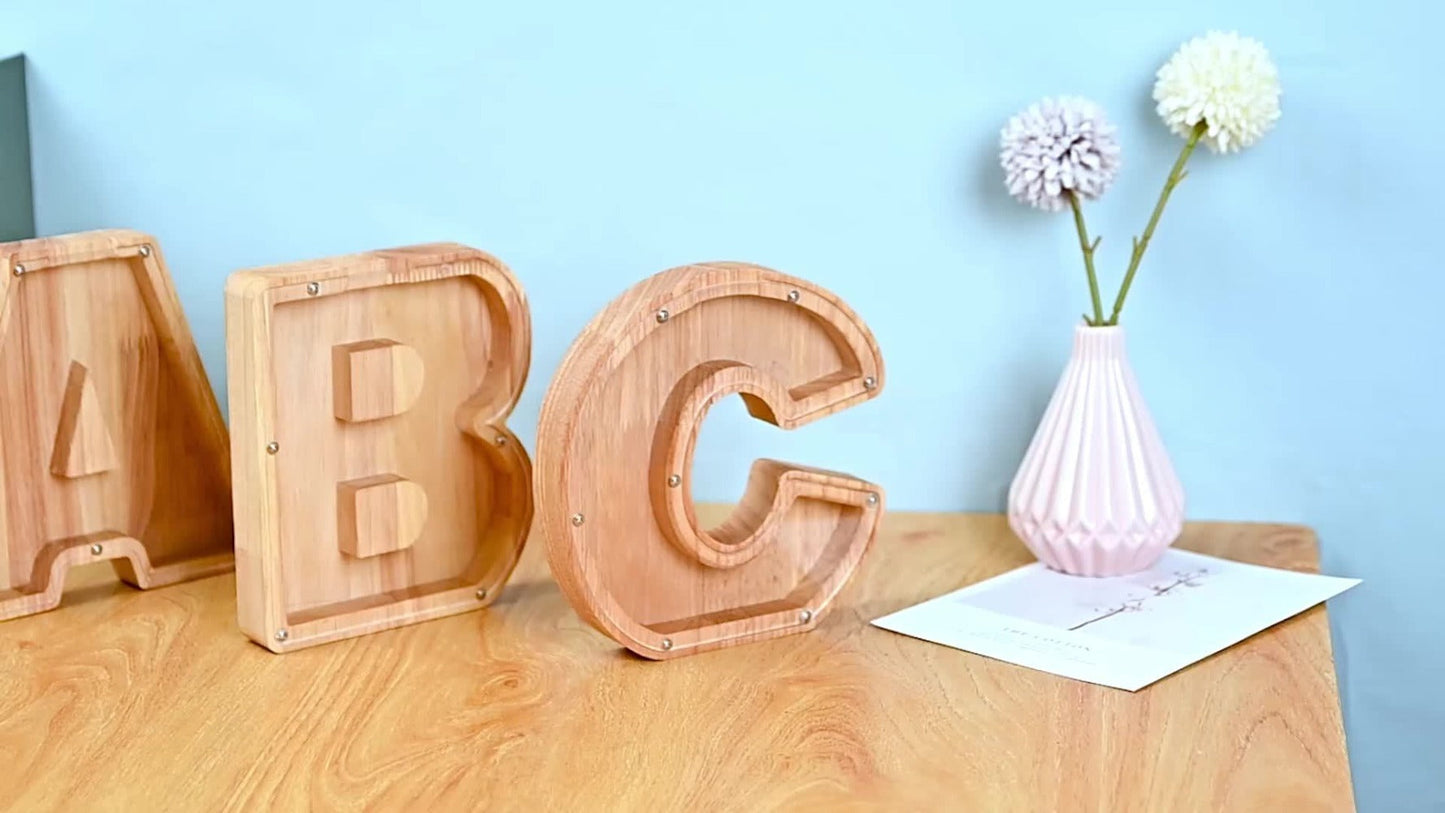 Wooden Letter Penny Bank – Alphabet Coin Bank Savings Box for Kids & Adults, Personalized Money Bank Birthday Gift