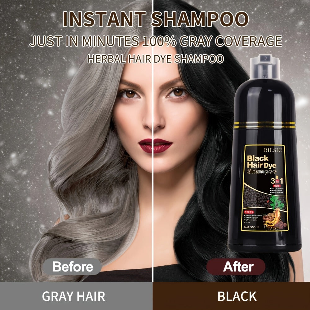 Hair Dye Shampoo, RILSIC Three-Pack of 500ml Bottles in Black, Brown, Dark Brown or Chestnut Brown