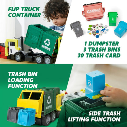 Garbage Truck Toy Set 16-Inch Large Friction-Powered with Lights & Sounds, Color-Coded Trash Bins