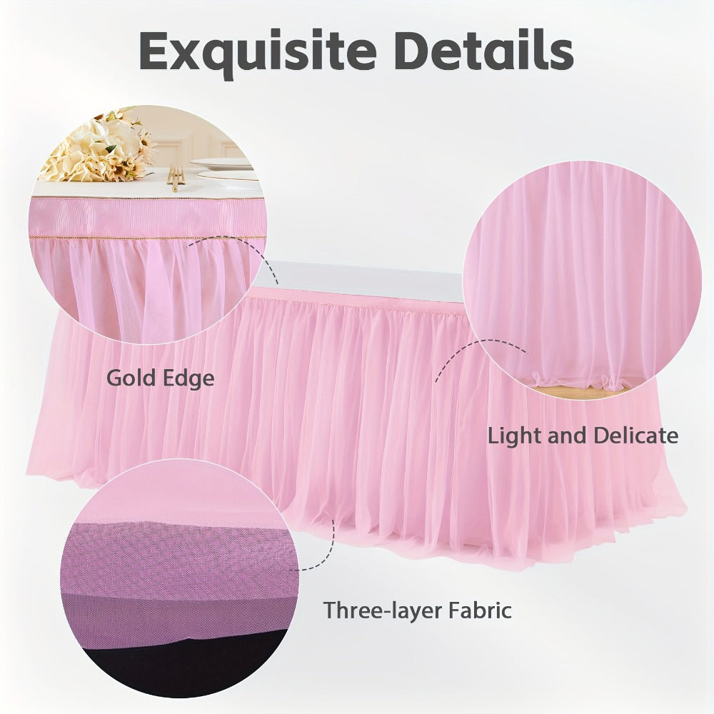 Six-Foot Gathered Tulle Table Skirt with Ten Solid or Multicolor Options for Parties and Events